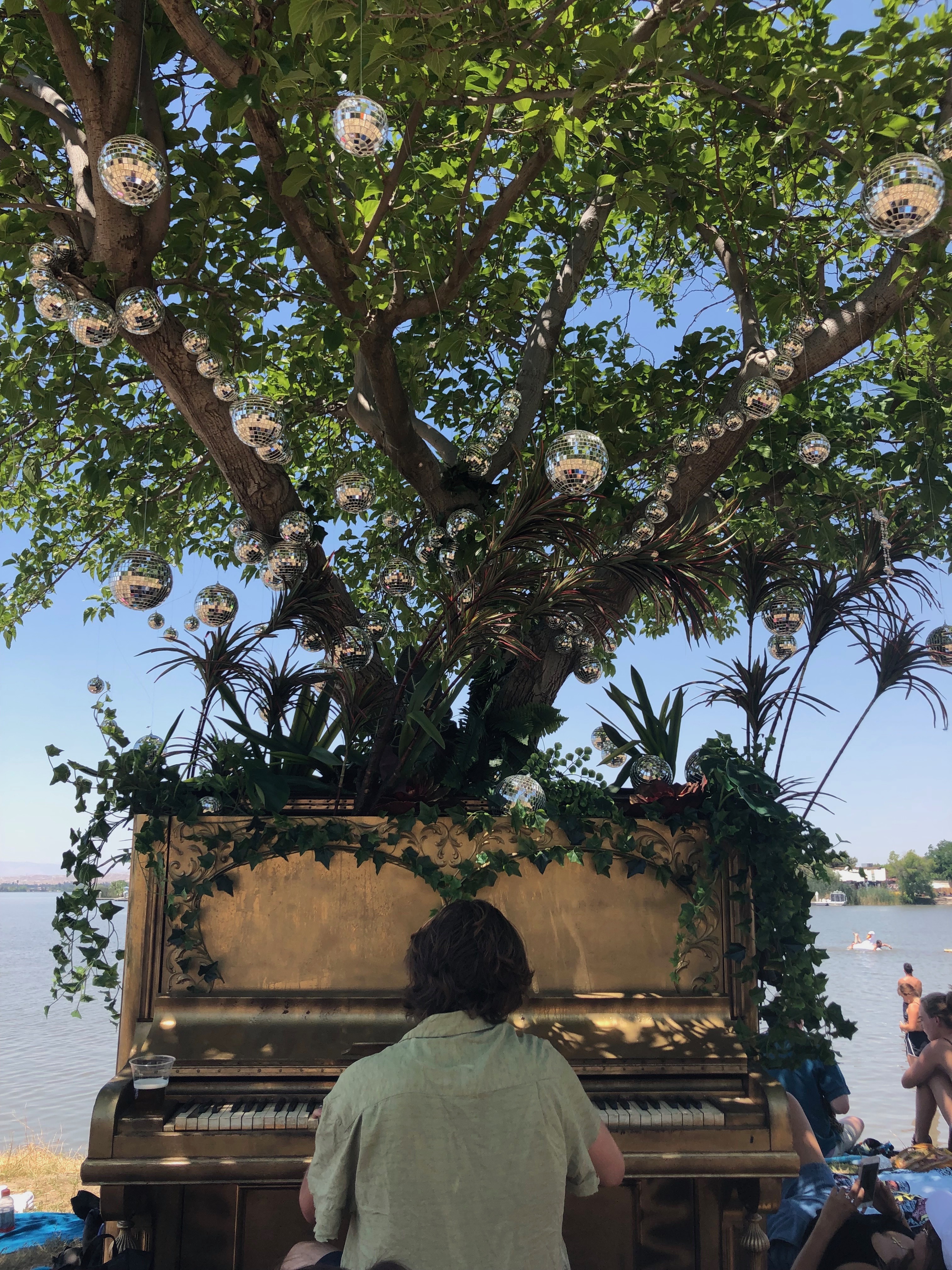 Julian Mudd playing piano on a beach