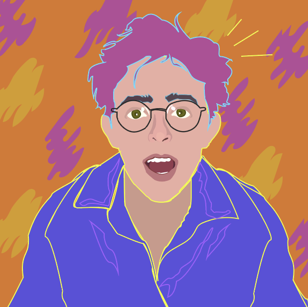 Julian Mudd illustrated with purple hair